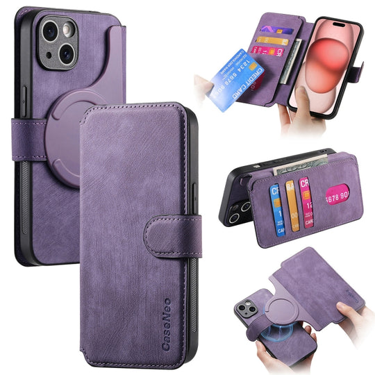 For iPhone 15 CaseNeo MagSafe RFID Anti-theft Retro Leather Phone Case(Purple)