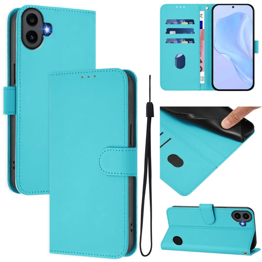 For Nothing CMF Phone 1 Skin Feel Solid Color Leather Phone Case with Lanyard(Lake Blue)