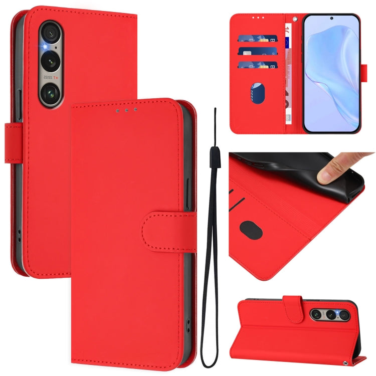 For Sony Xperia 1 VI 2024 Skin Feel Solid Color Leather Phone Case with Lanyard(Red) by buy2fix