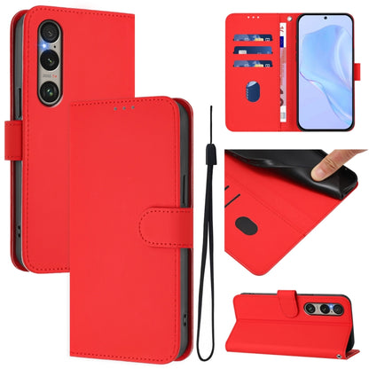 For Sony Xperia 1 VI 2024 Skin Feel Solid Color Leather Phone Case with Lanyard(Red) by buy2fix