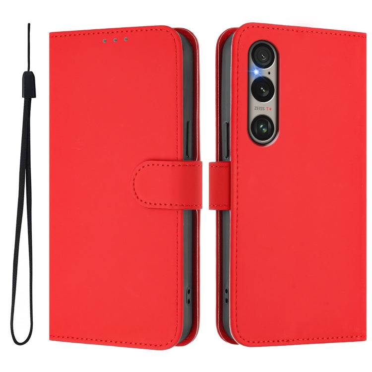 For Sony Xperia 1 VI 2024 Skin Feel Solid Color Leather Phone Case with Lanyard(Red) by buy2fix