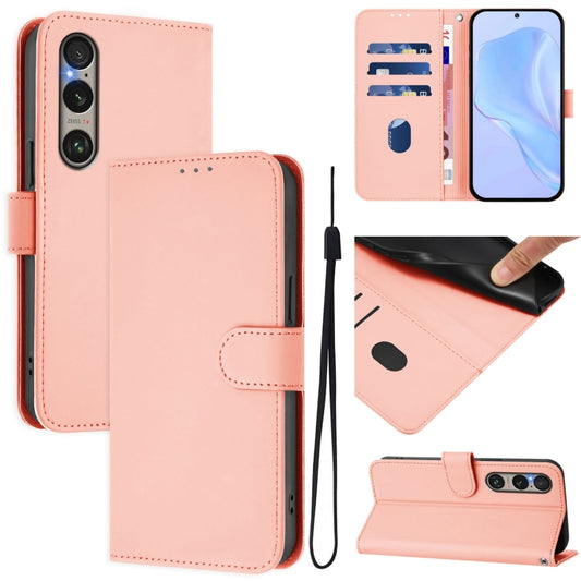 For Sony Xperia 1 VI 2024 Skin Feel Solid Color Leather Phone Case with Lanyard(Pink) by buy2fix