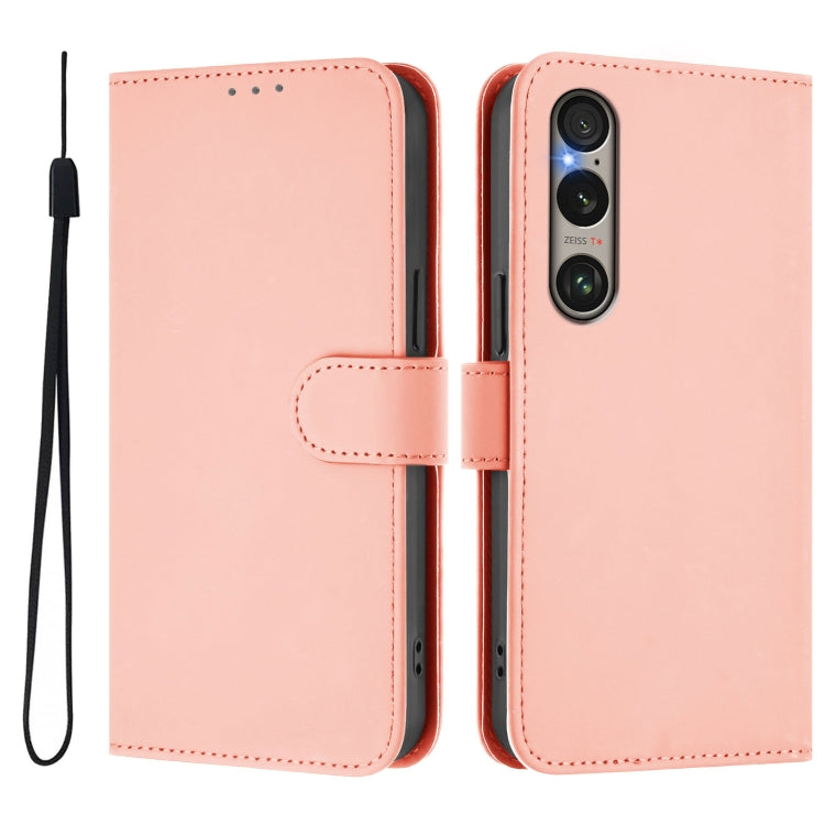 For Sony Xperia 1 VI 2024 Skin Feel Solid Color Leather Phone Case with Lanyard(Pink) by buy2fix