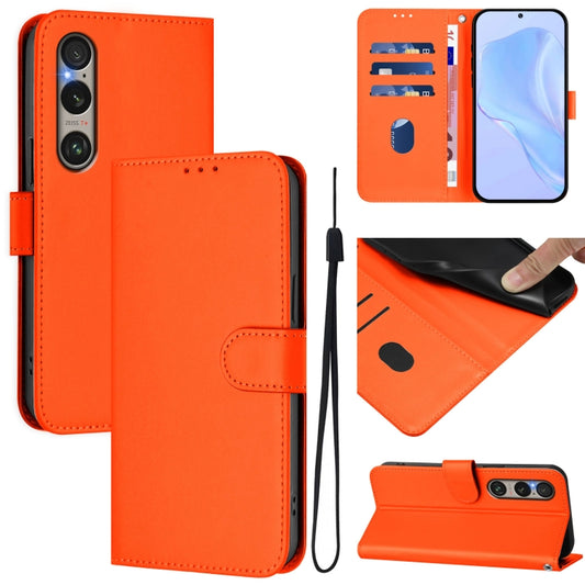 For Sony Xperia 1 VI 2024 Skin Feel Solid Color Leather Phone Case with Lanyard(Orange) by buy2fix