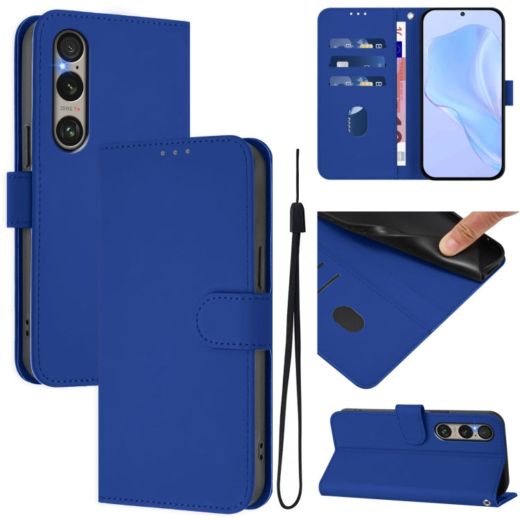 For Sony Xperia 1 VI 2024 Skin Feel Solid Color Leather Phone Case with Lanyard(Dark Blue) by buy2fix