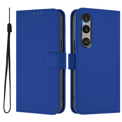For Sony Xperia 1 VI 2024 Skin Feel Solid Color Leather Phone Case with Lanyard(Dark Blue) by buy2fix