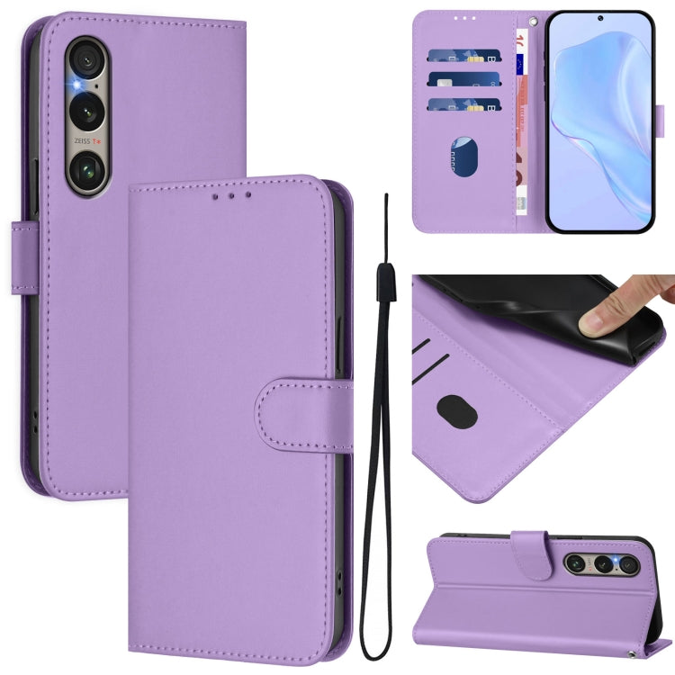 For Sony Xperia 1 VI 2024 Skin Feel Solid Color Leather Phone Case with Lanyard(Lavender Purple) by buy2fix