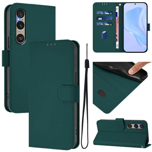 For Sony Xperia 1 VI 2024 Skin Feel Solid Color Leather Phone Case with Lanyard(Dark Green) by buy2fix