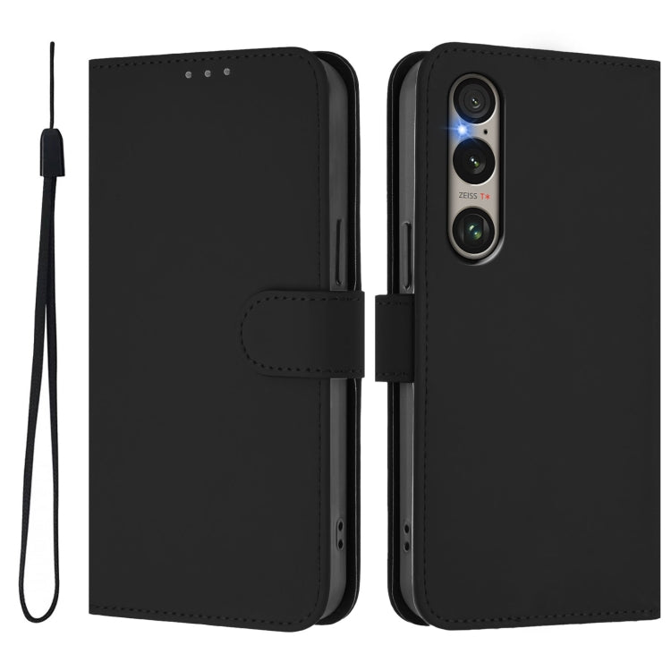 For Sony Xperia 1 VI 2024 Skin Feel Solid Color Leather Phone Case with Lanyard(Black) by buy2fix