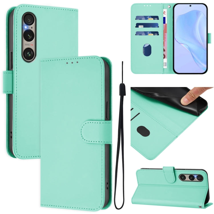 For Sony Xperia 1 VI 2024 Skin Feel Solid Color Leather Phone Case with Lanyard(Mint Green) by buy2fix