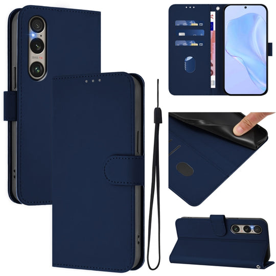 For Sony Xperia 1 VI 2024 Skin Feel Solid Color Leather Phone Case with Lanyard(Navy Blue)