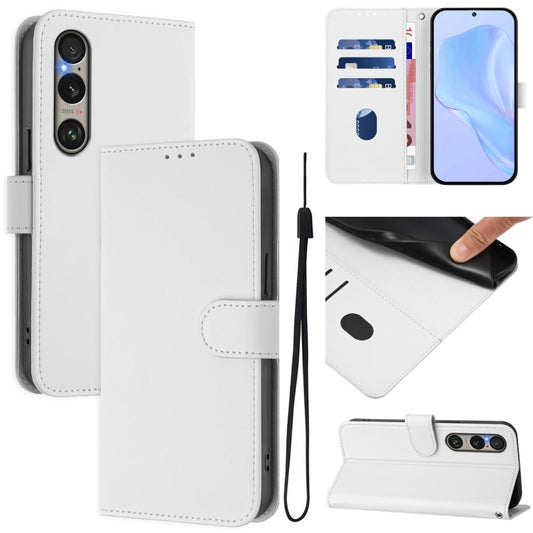 For Sony Xperia 1 VI 2024 Skin Feel Solid Color Leather Phone Case with Lanyard(White) by buy2fix