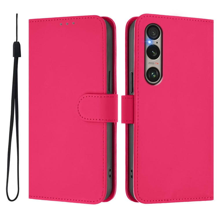 For Sony Xperia 1 VI 2024 Skin Feel Solid Color Leather Phone Case with Lanyard(Rose Red) by buy2fix