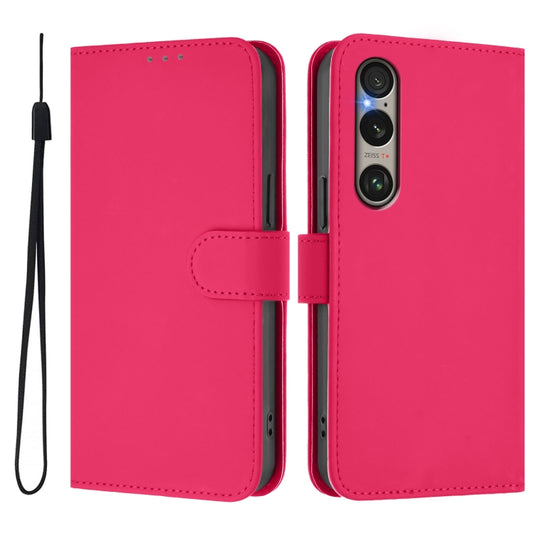 For Sony Xperia 1 VI 2024 Skin Feel Solid Color Leather Phone Case with Lanyard(Rose Red) by buy2fix
