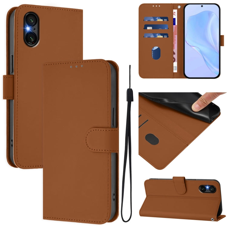 For Sony Xperia 5 VI 2024 Skin Feel Solid Color Leather Phone Case with Lanyard(Brown) by buy2fix
