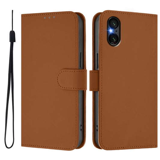 For Sony Xperia 5 VI 2024 Skin Feel Solid Color Leather Phone Case with Lanyard(Brown) by buy2fix