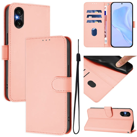 For Sony Xperia 5 VI 2024 Skin Feel Solid Color Leather Phone Case with Lanyard(Pink) by buy2fix