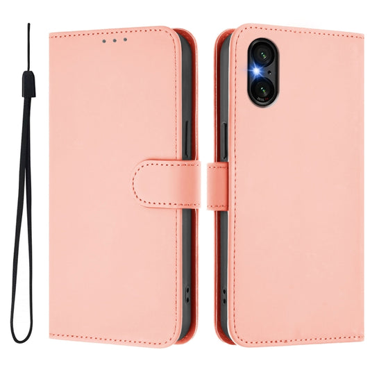 For Sony Xperia 5 VI 2024 Skin Feel Solid Color Leather Phone Case with Lanyard(Pink) by buy2fix