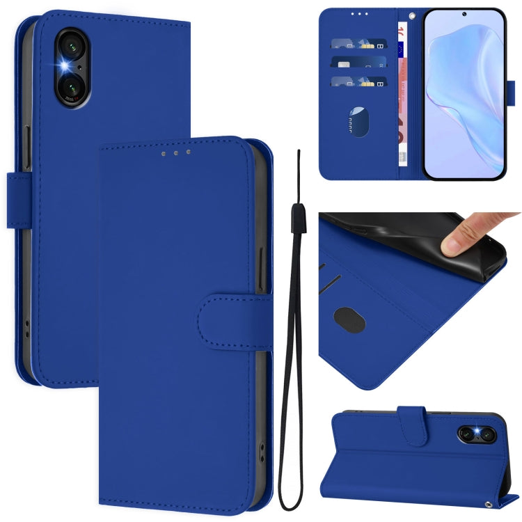 For Sony Xperia 5 VI 2024 Skin Feel Solid Color Leather Phone Case with Lanyard(Dark Blue) by buy2fix