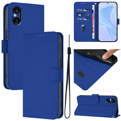 For Sony Xperia 5 VI 2024 Skin Feel Solid Color Leather Phone Case with Lanyard(Dark Blue) by buy2fix