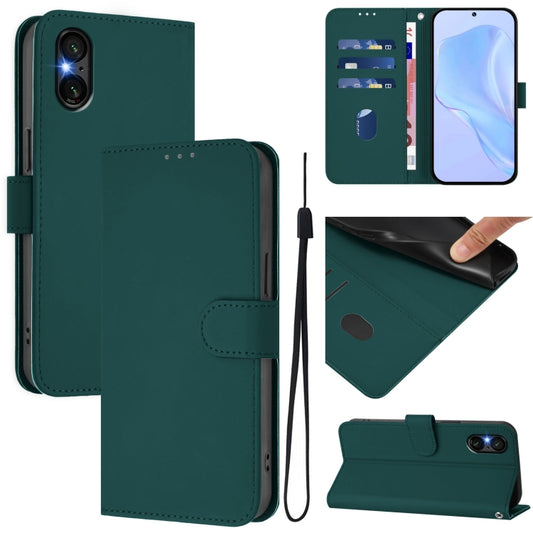 For Sony Xperia 5 VI 2024 Skin Feel Solid Color Leather Phone Case with Lanyard(Dark Green) by buy2fix