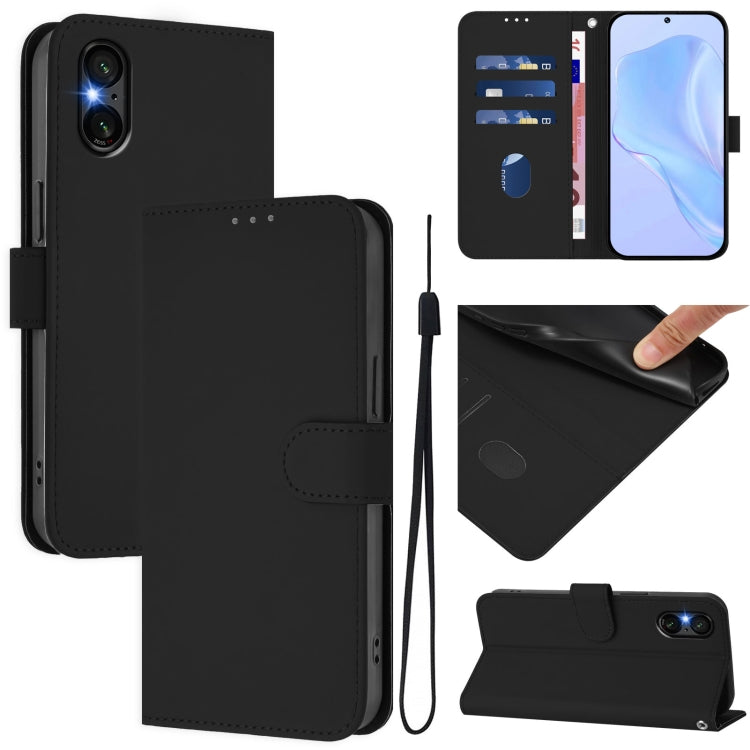 For Sony Xperia 5 VI 2024 Skin Feel Solid Color Leather Phone Case with Lanyard(Black) by buy2fix
