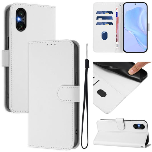 For Sony Xperia 5 VI 2024 Skin Feel Solid Color Leather Phone Case with Lanyard(White) by buy2fix