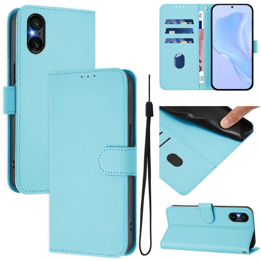 For Sony Xperia 5 VI 2024 Skin Feel Solid Color Leather Phone Case with Lanyard(Sky Blue) by buy2fix