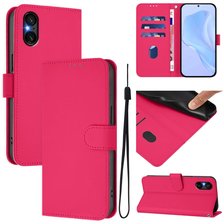 For Sony Xperia 5 VI 2024 Skin Feel Solid Color Leather Phone Case with Lanyard(Rose Red) by buy2fix