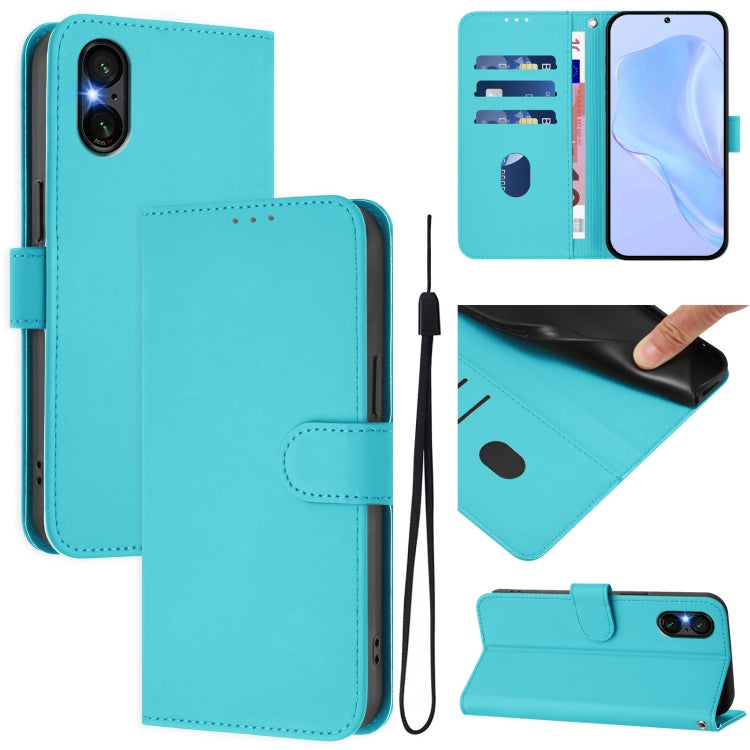 For Sony Xperia 5 VI 2024 Skin Feel Solid Color Leather Phone Case with Lanyard(Lake Blue) by buy2fix
