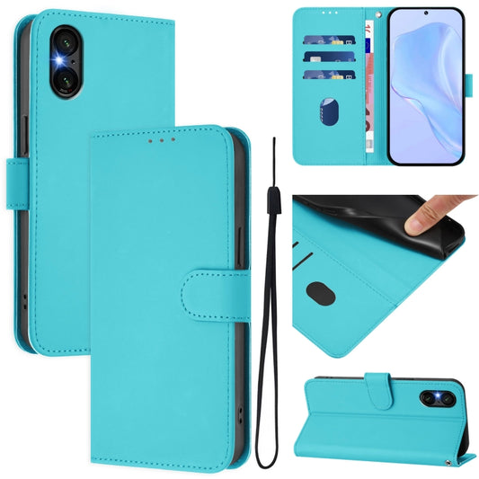 For Sony Xperia 5 VI 2024 Skin Feel Solid Color Leather Phone Case with Lanyard(Lake Blue) by buy2fix