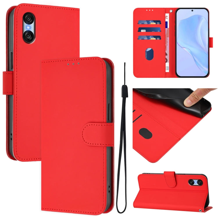 For Sony Xperia 10 VI 2024 Skin Feel Solid Color Leather Phone Case with Lanyard(Red) by buy2fix
