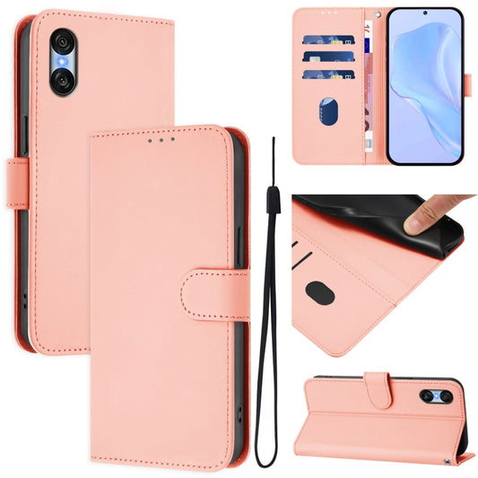 For Sony Xperia 10 VI 2024 Skin Feel Solid Color Leather Phone Case with Lanyard(Pink) by buy2fix