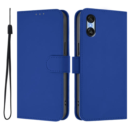 For Sony Xperia 10 VI 2024 Skin Feel Solid Color Leather Phone Case with Lanyard(Dark Blue) by buy2fix