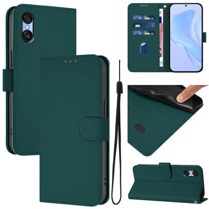 For Sony Xperia 10 VI 2024 Skin Feel Solid Color Leather Phone Case with Lanyard(Dark Green) by buy2fix