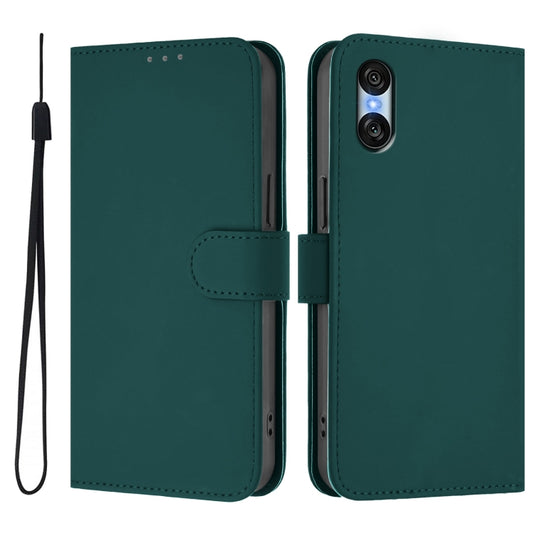 For Sony Xperia 10 VI 2024 Skin Feel Solid Color Leather Phone Case with Lanyard(Dark Green) by buy2fix