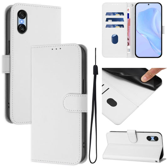 For Sony Xperia 10 VI 2024 Skin Feel Solid Color Leather Phone Case with Lanyard(White) by buy2fix