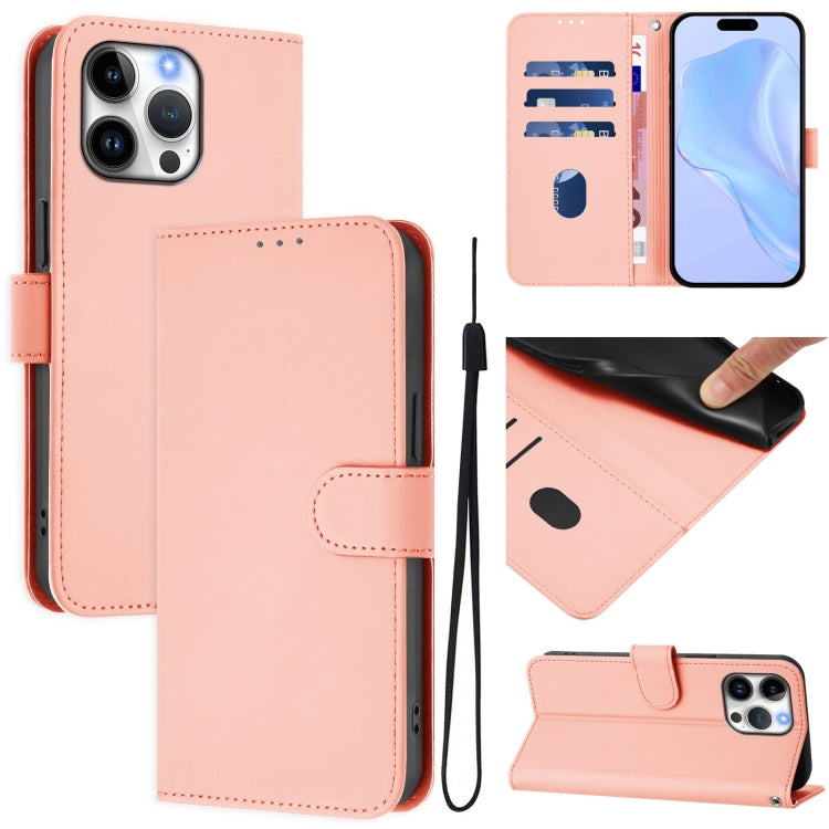 For iPhone 16 Pro Max Skin Feel Solid Color Leather Phone Case with Lanyard(Pink) by buy2fix