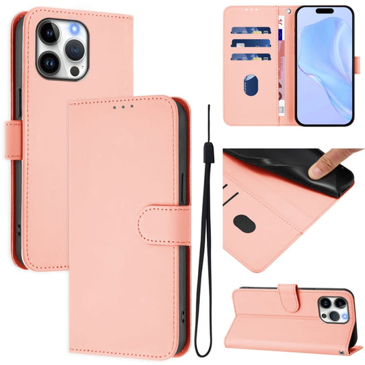 For iPhone 16 Pro Max Skin Feel Solid Color Leather Phone Case with Lanyard(Pink) by buy2fix