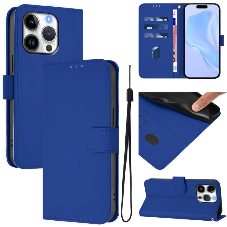 For iPhone 16 Pro Skin Feel Solid Color Leather Phone Case with Lanyard(Dark Blue) by buy2fix