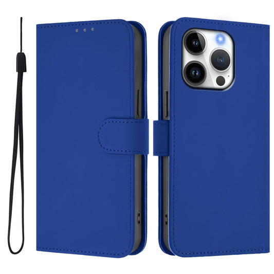 For iPhone 16 Pro Skin Feel Solid Color Leather Phone Case with Lanyard(Dark Blue) by buy2fix