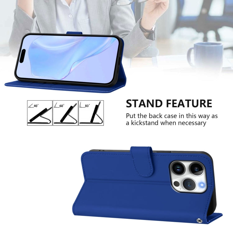 For iPhone 16 Pro Skin Feel Solid Color Leather Phone Case with Lanyard(Dark Blue) by buy2fix