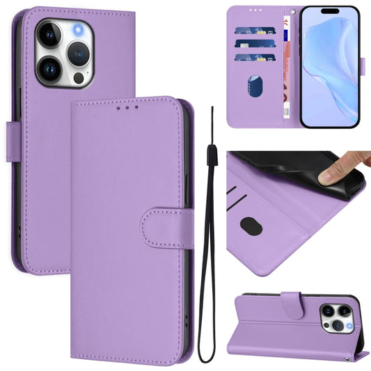 For iPhone 16 Pro Skin Feel Solid Color Leather Phone Case with Lanyard(Lavender Purple) by buy2fix