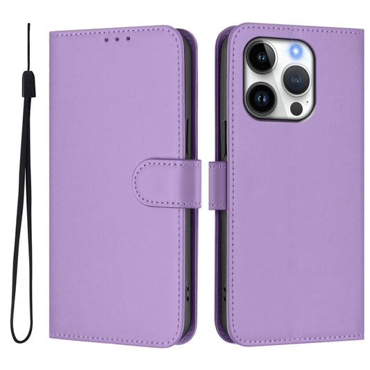 For iPhone 16 Pro Skin Feel Solid Color Leather Phone Case with Lanyard(Lavender Purple) by buy2fix