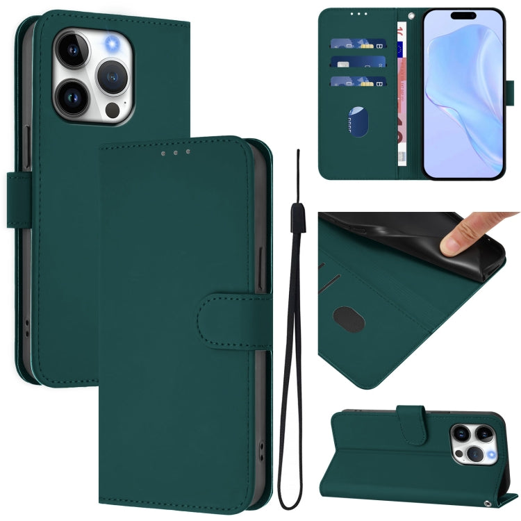 For iPhone 16 Pro Skin Feel Solid Color Leather Phone Case with Lanyard(Dark Green) by buy2fix