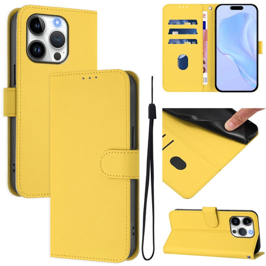 For iPhone 16 Pro Skin Feel Solid Color Leather Phone Case with Lanyard(Lemon Yellow) by buy2fix