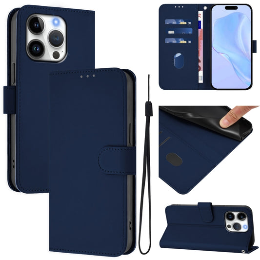 For iPhone 16 Pro Skin Feel Solid Color Leather Phone Case with Lanyard(Navy Blue) by buy2fix