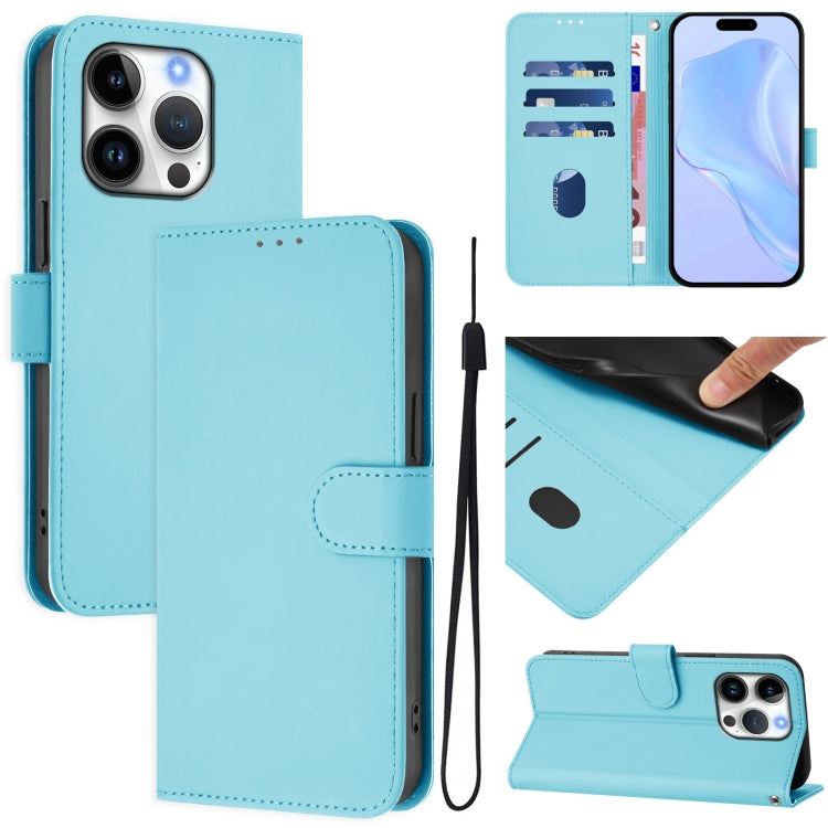 For iPhone 16 Pro Skin Feel Solid Color Leather Phone Case with Lanyard(Sky Blue) by buy2fix