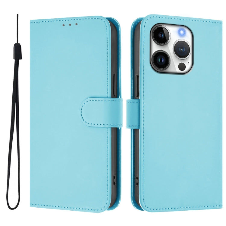 For iPhone 16 Pro Skin Feel Solid Color Leather Phone Case with Lanyard(Sky Blue) by buy2fix