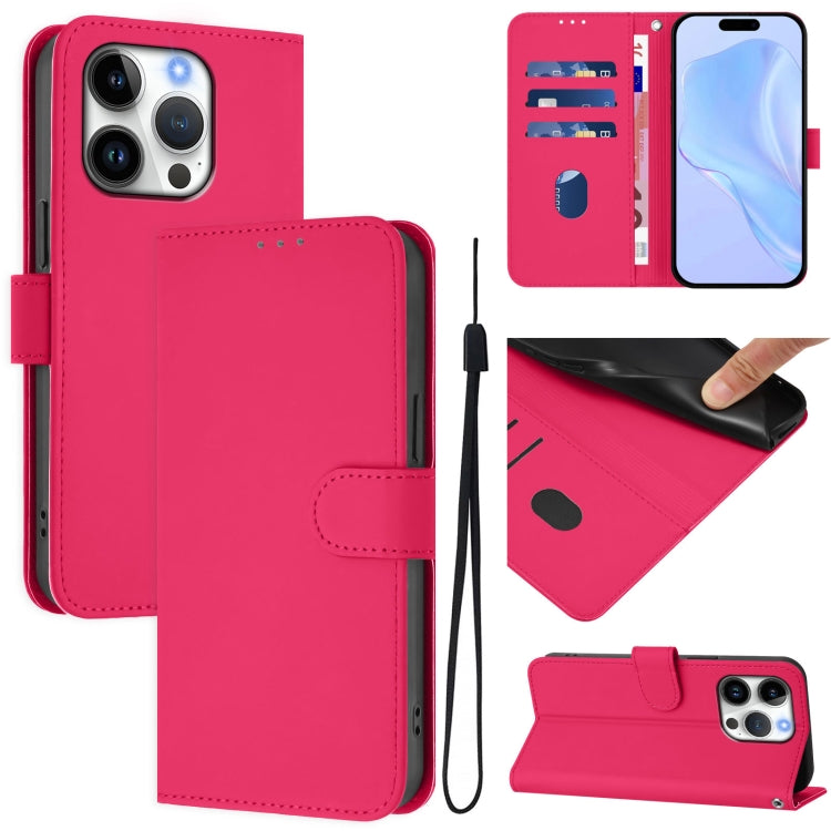 For iPhone 16 Pro Skin Feel Solid Color Leather Phone Case with Lanyard(Rose Red) by buy2fix
